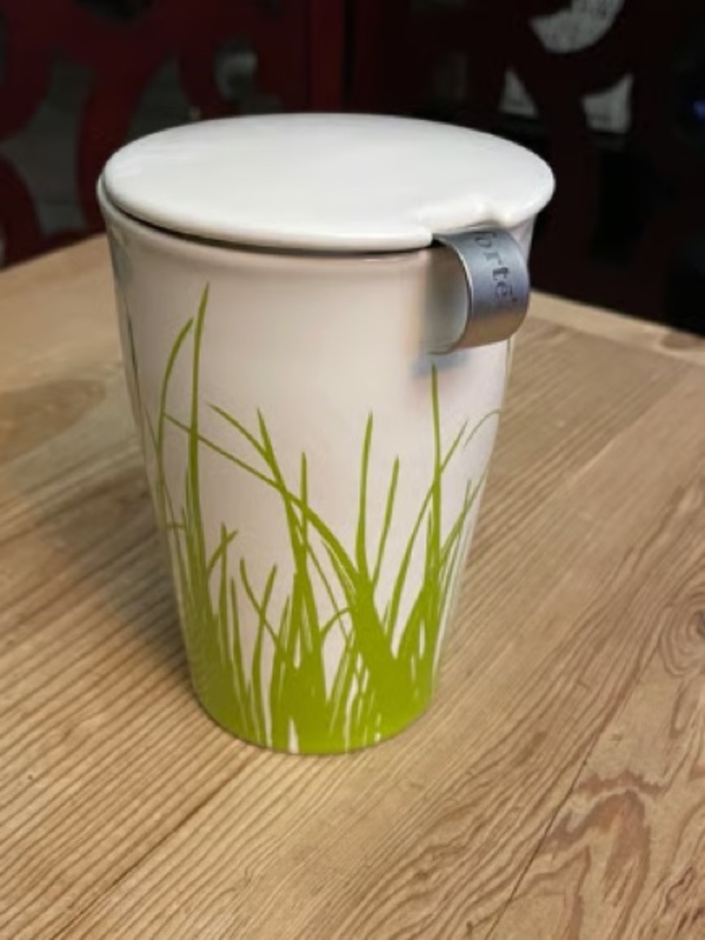 White Ceramic Canister with Green Grass Motif - Decorative Storage